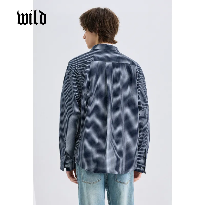 WILD LEADER Shirts Men Navy Blue Plaid[CW51585A17]-2
