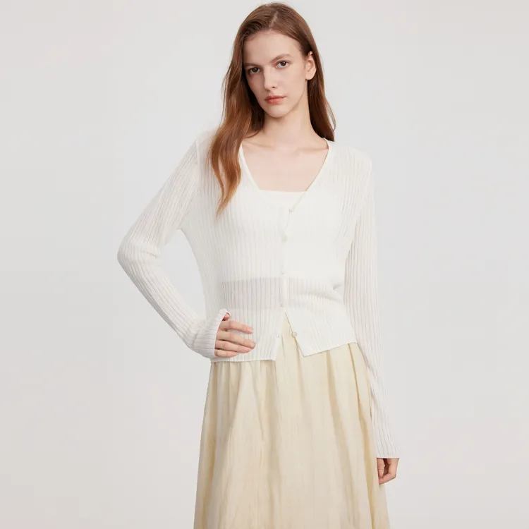 ELLE French Minimalist Style Lightweight V Neck Knitted Fabric Cardigan Women's-10