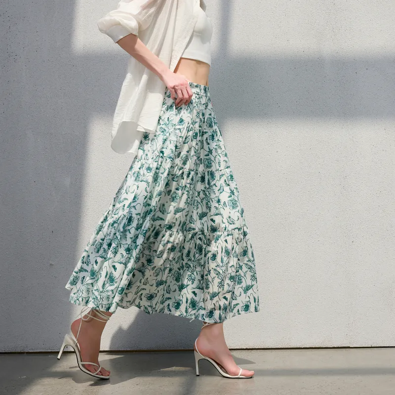 3COLOUR Casual Long Skirt Women's Green Beige Floral-4