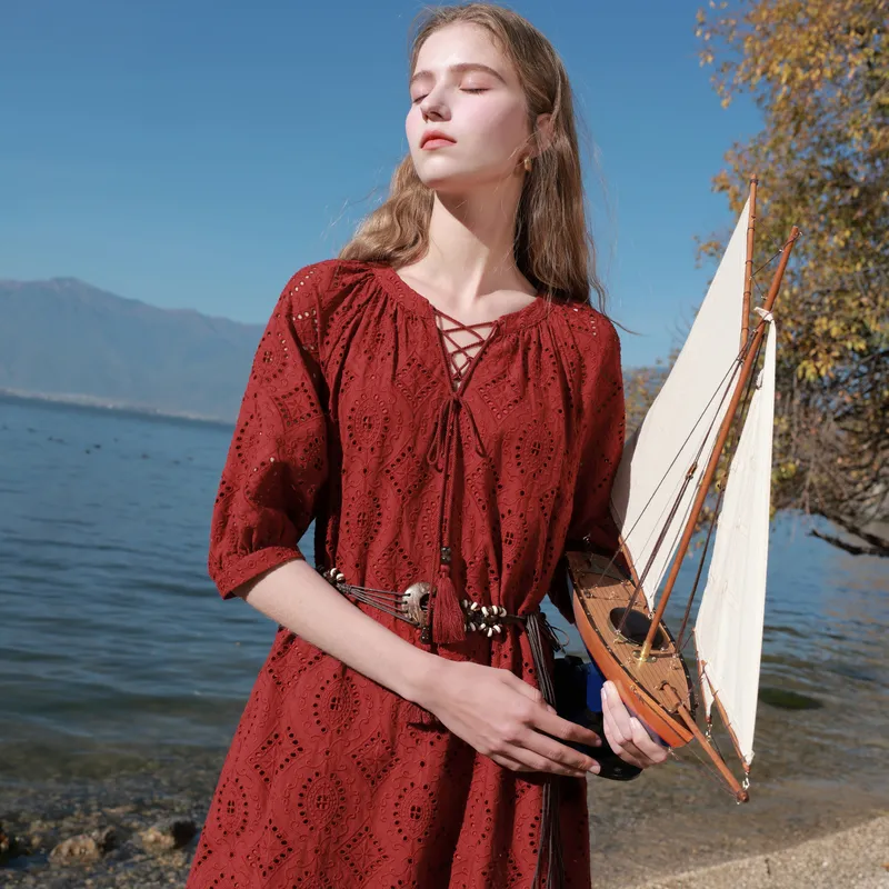 3COLOUR Long Sleeved Dress Women's Cherry Red-4