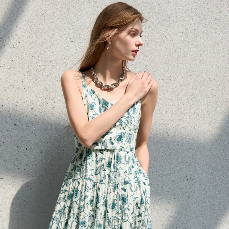 3COLOUR Sleeveless Dress Women's Green Beige Floral-4