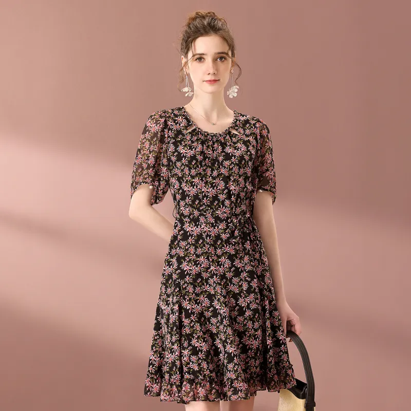 FENHONGMALI Summer Short Sleeved Dress Cinched Waist Women's Black-1