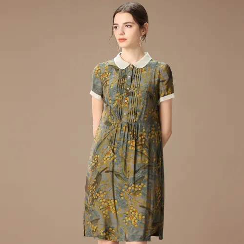 FENHONGMALI Short Sleeved Dress Women's Yellow Floral