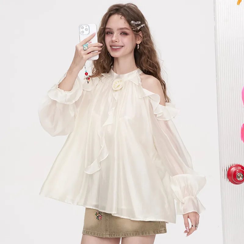 ELF SACK Chiffon Shirts Women's Elegant Ecru-4
