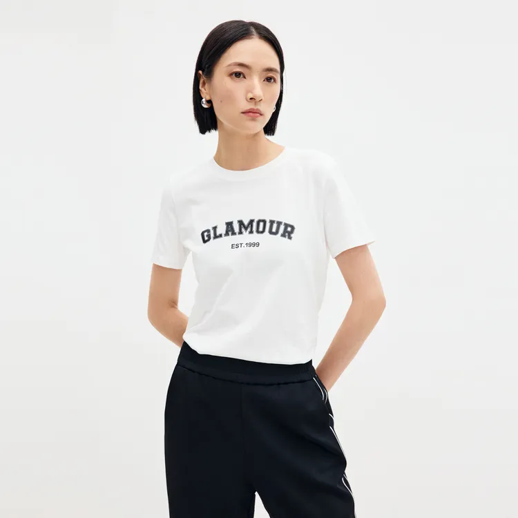 SHUIYUNJIAN Short Sleeved Letter Pullover T Shirt Women's-2