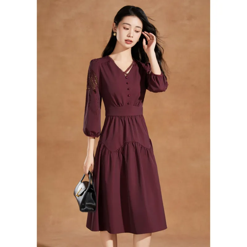 Mylan Spring, Fall Long Sleeved Dress Cinched Waist Women's Fuchsia-5