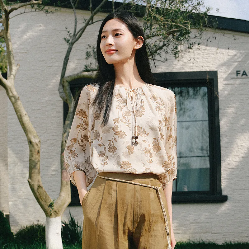JZ. ANNAKRO Chiffon Shirt Women's Floral Apricot-2
