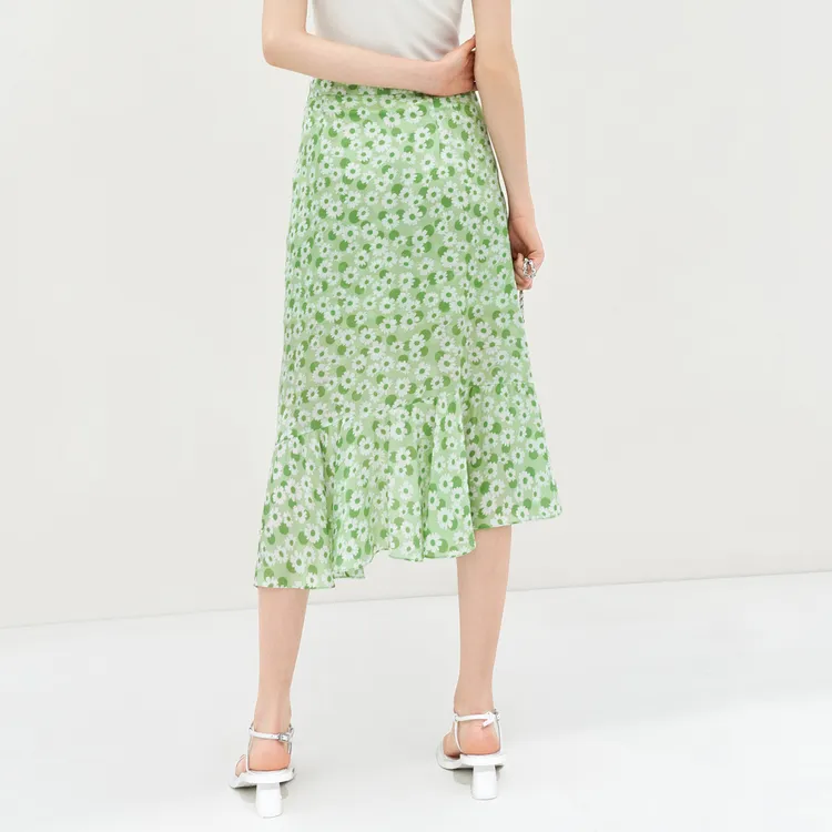 MO&CO Casual Long Skirts Women's White Base With Green Print-3