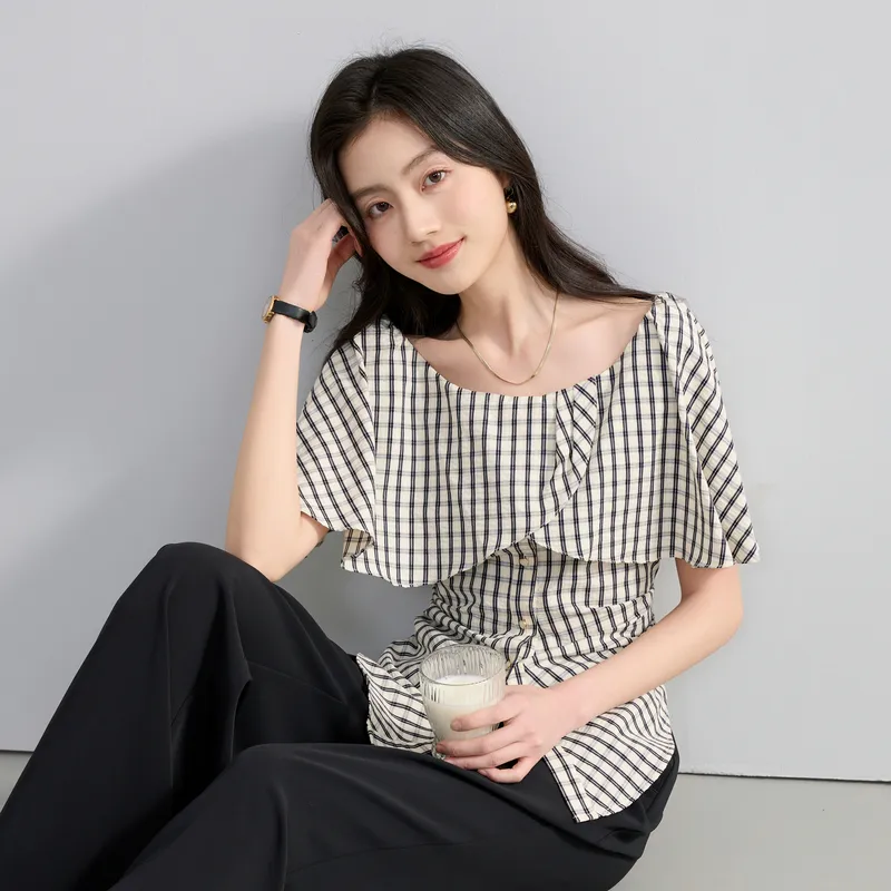 3COLOUR Chiffon Shirt Women's Black Rice Plaid-3