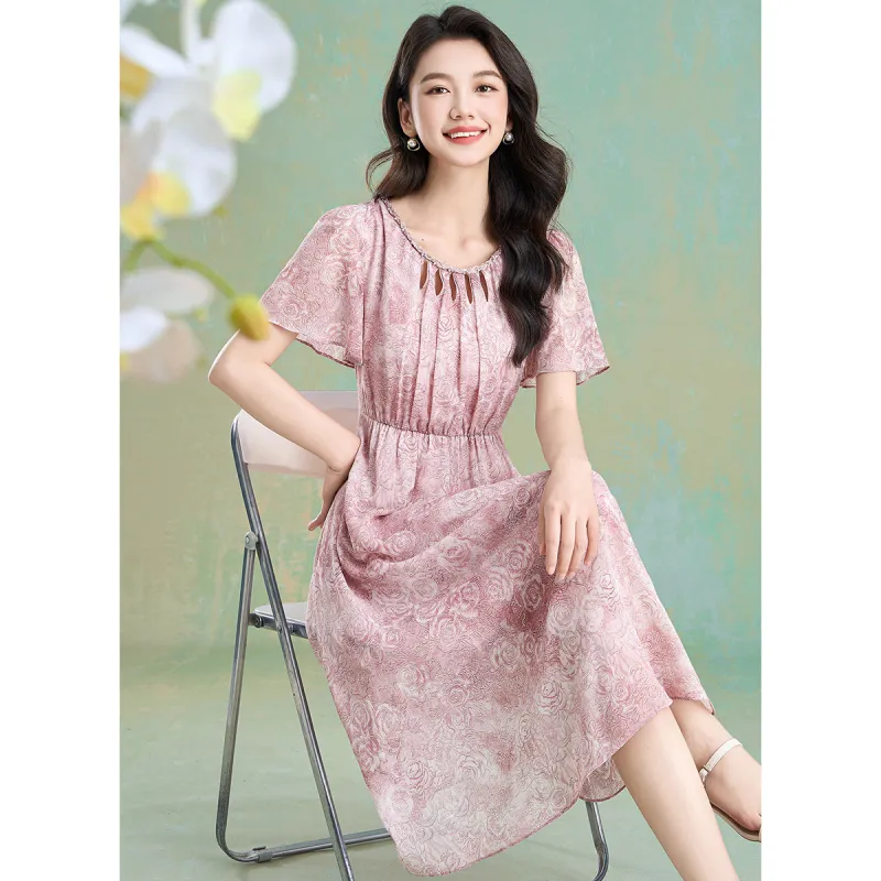 Mylan Summer Short Sleeved Dress Cinched Waist Women's-4