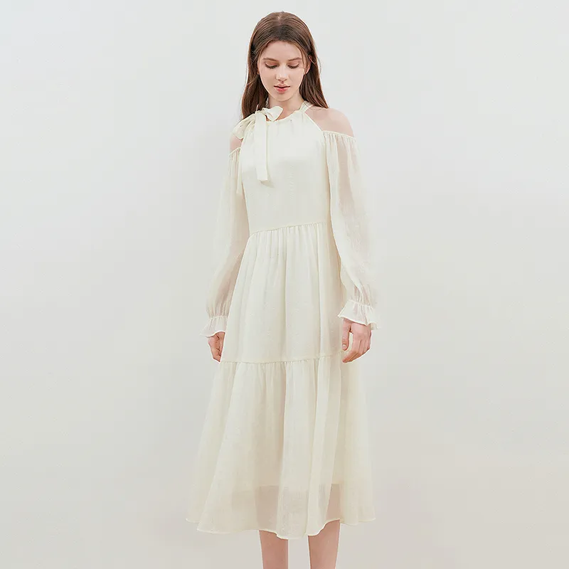 LEDIN Long Sleeved Dress Women's Cream Beige-4