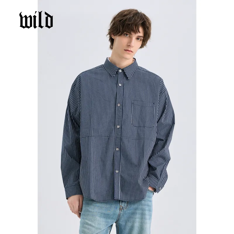 WILD LEADER Shirts Men Navy Blue Plaid[CW51585A17]-4