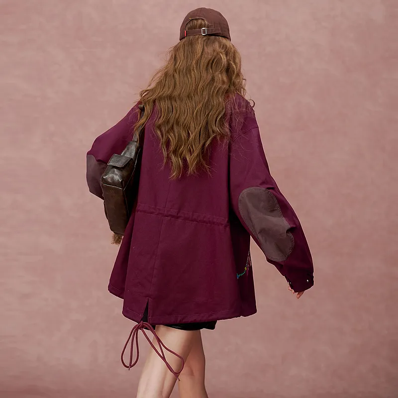 ELF SACK Angora Red American Vintage Print Workwear Trench Coat Women's-2
