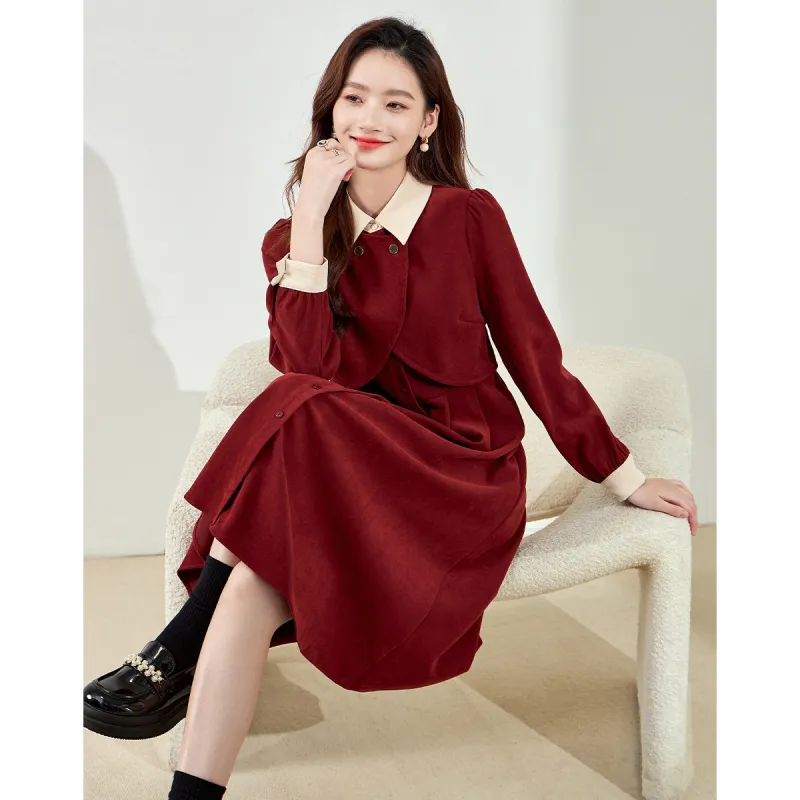 Love Elaine Spring, Fall Long Sleeved Dress Cinched Waist Women's Red-2
