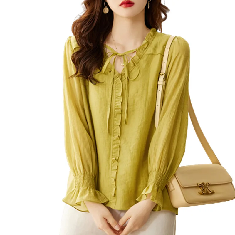 ONE SHALLOW Chiffon Shirt Women's Mustard Yellow-1