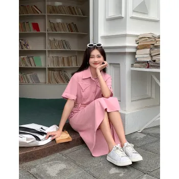 Like The Age Of Water Summer Short Sleeved Dress Cinched Waist Women's Pink