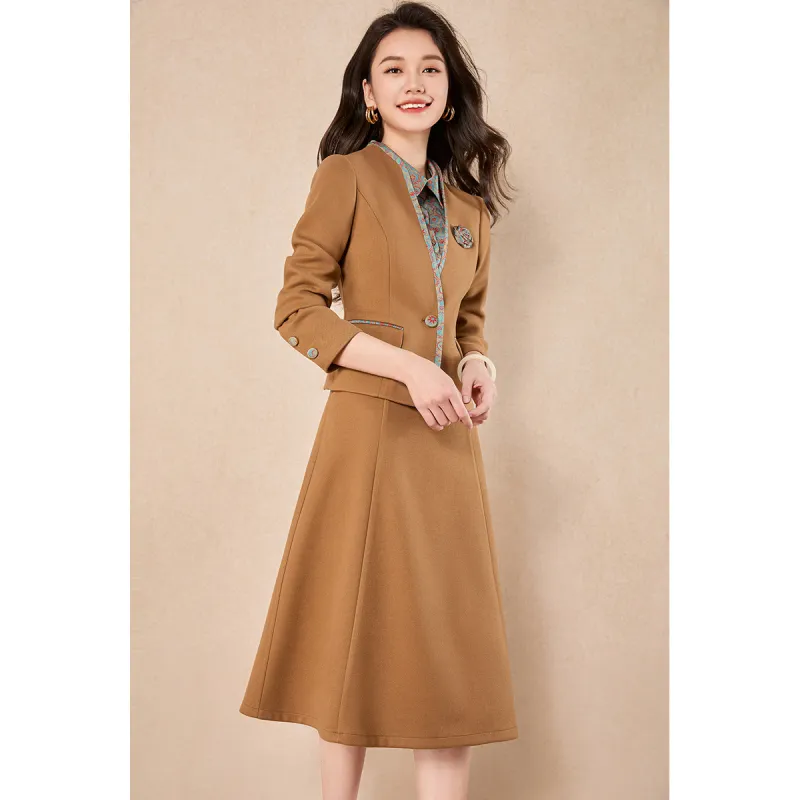 Mylan Spring Fall Skirt Set Cinched Waist Women's Khaki-2