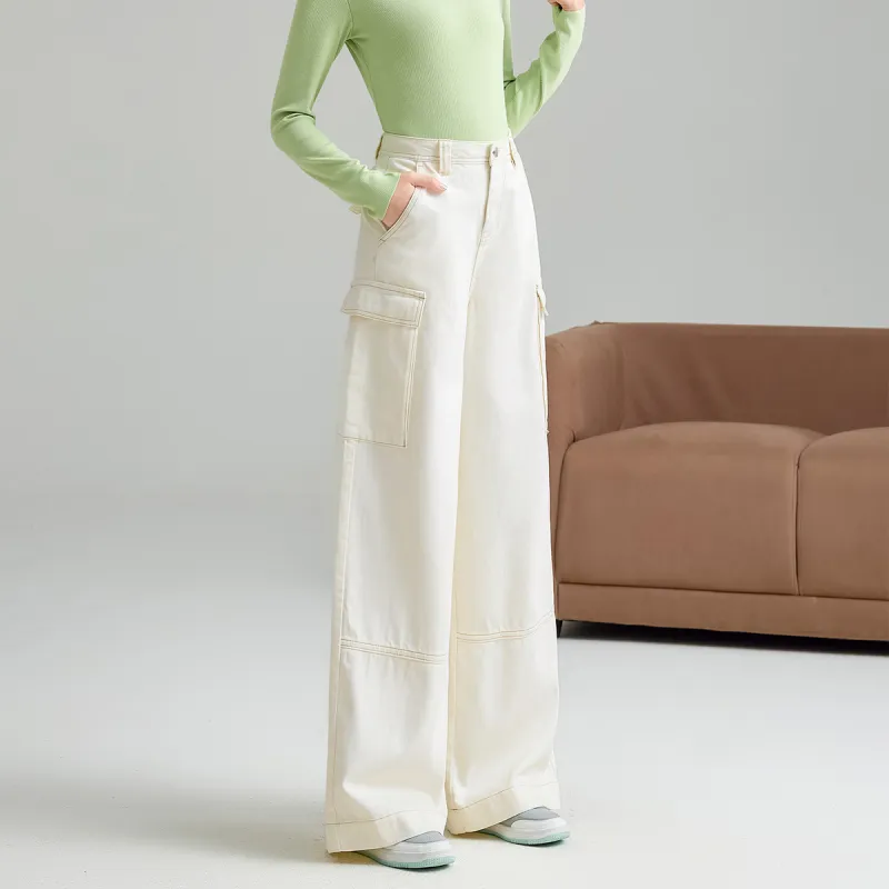 FAWENXIANGZI Spring, Fall, Winter Casual Pants Loose Fit Women's Ecru-2