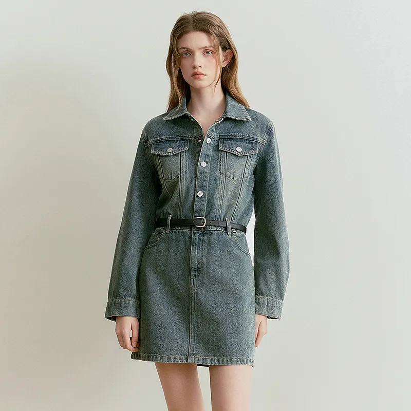 LEDIN Long Sleeved Dress Women's Denim Medium Blue-5