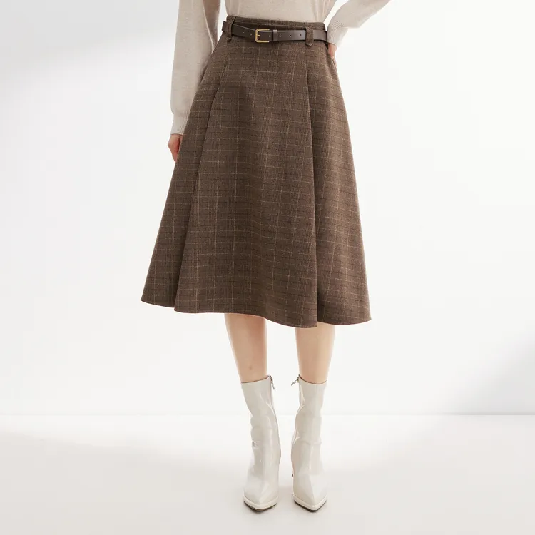 SHUIYUNJIAN Casual Long Skirts Women's Coffee Plaid-6