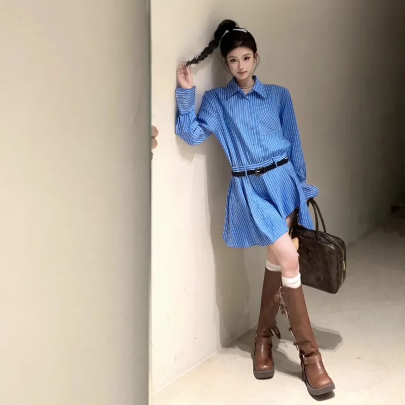 COMMA GIRL Long Sleeved Dress Women's Blue Stripes-4