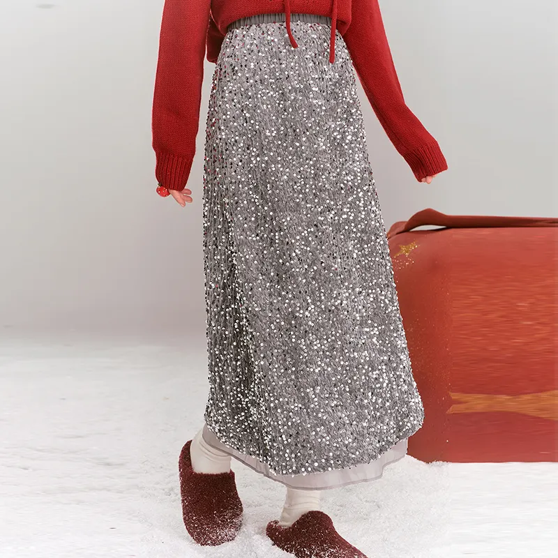 ELF SACK Heavy-Duty Glitter High-Rise Straight Fit Skirt Women's-2