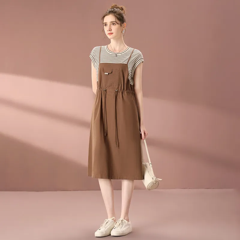 FENHONGMALI 2025 Summer Short Sleeved Dress Cinched Waist Women's Coffee-4