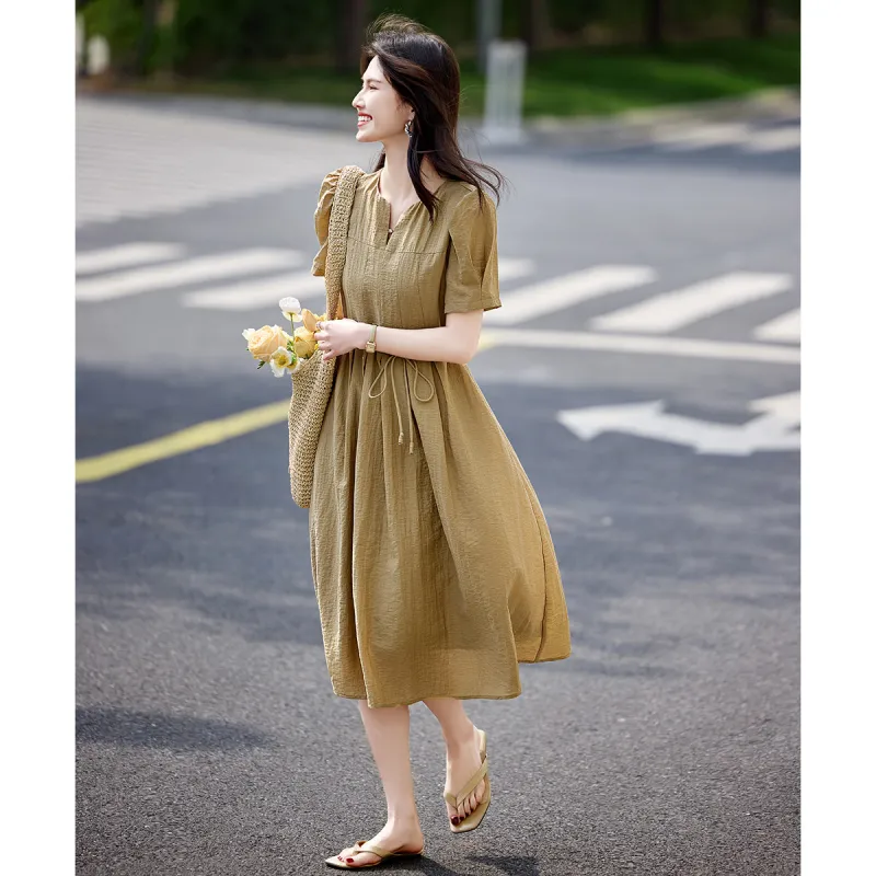 Still Quiet Short Sleeved Dress Women's Khaki Green-3