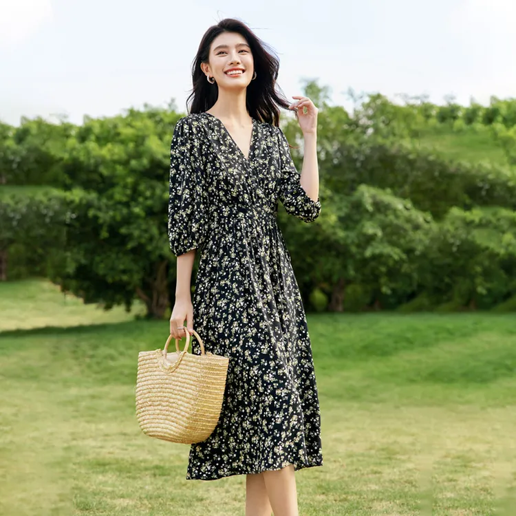 SENTUBILA Long Sleeved Dresses Women's Black Floral-3