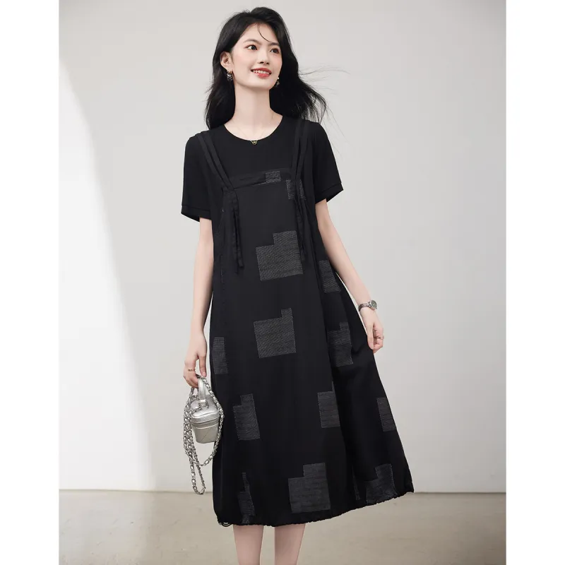 Like The Age Of Water Summer Short Sleeved Dresses Loose Fit Women's Black-4