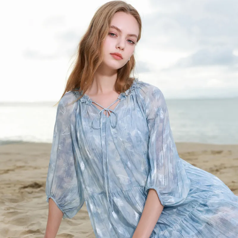 3COLOUR Long Sleeved Dress Women's Haze Blue Floral-5