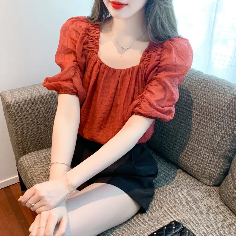 XIANSINIAO Gathered Sleeve T Shirt Women's-1