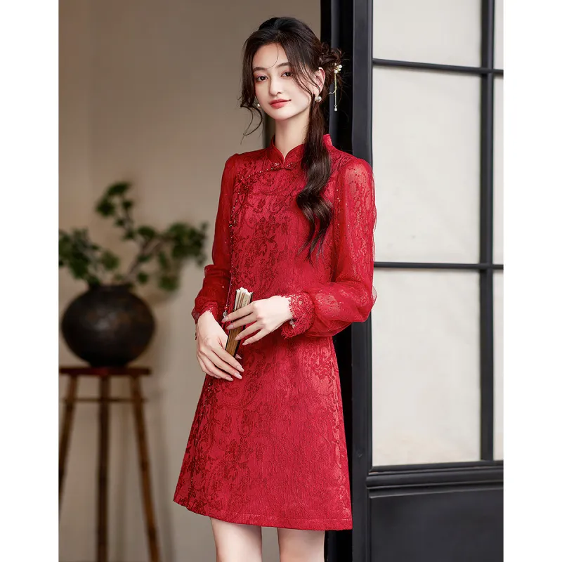 Like The Age Of Water Short Sleeved Dress Loose Fit Women's Red-1