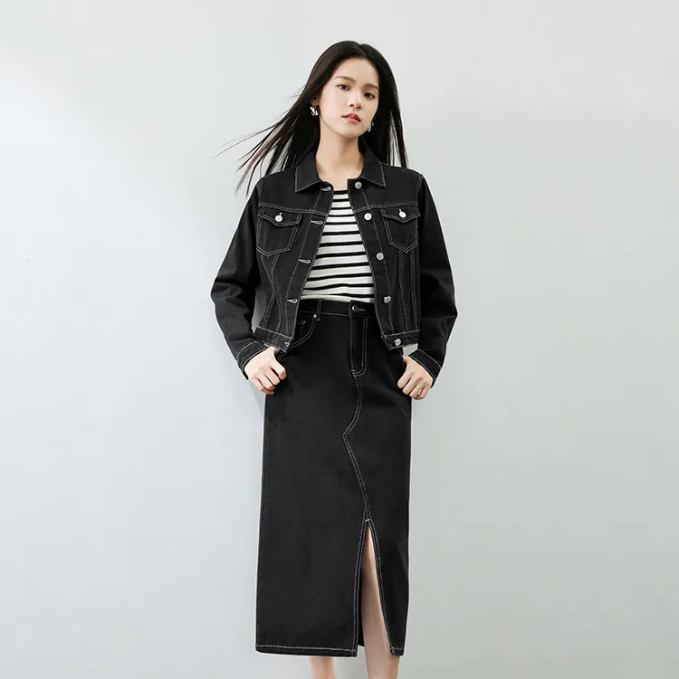 SENTUBILA Two Piece Skirt Sets Women's Denim Black-2