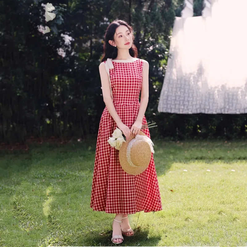 GLEE DIARY Sleeveless Dress Women's Red Plaid-2