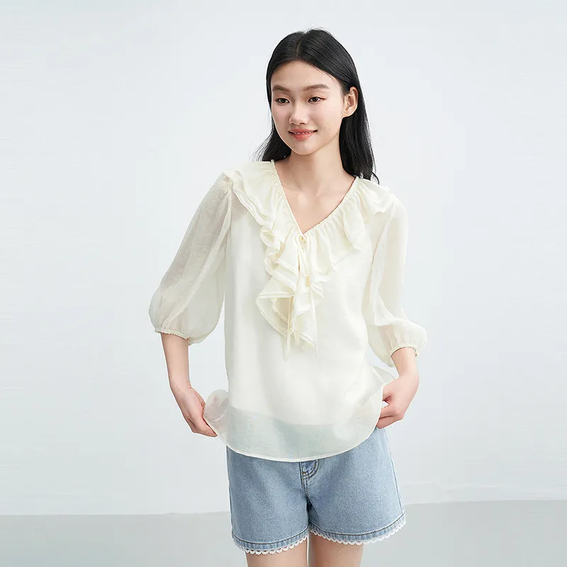LEDIN Chiffon Shirt Women's Mist White In Stock-4