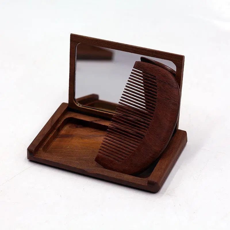 XIBI Golden Sandalwood Foldable Comb And Mirror Set Flap Mirror For On The Go Portability-2