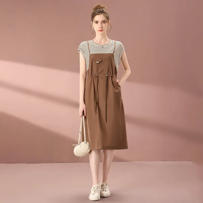 FENHONGMALI 2025 Summer Short Sleeved Dress Cinched Waist Women's Coffee-5