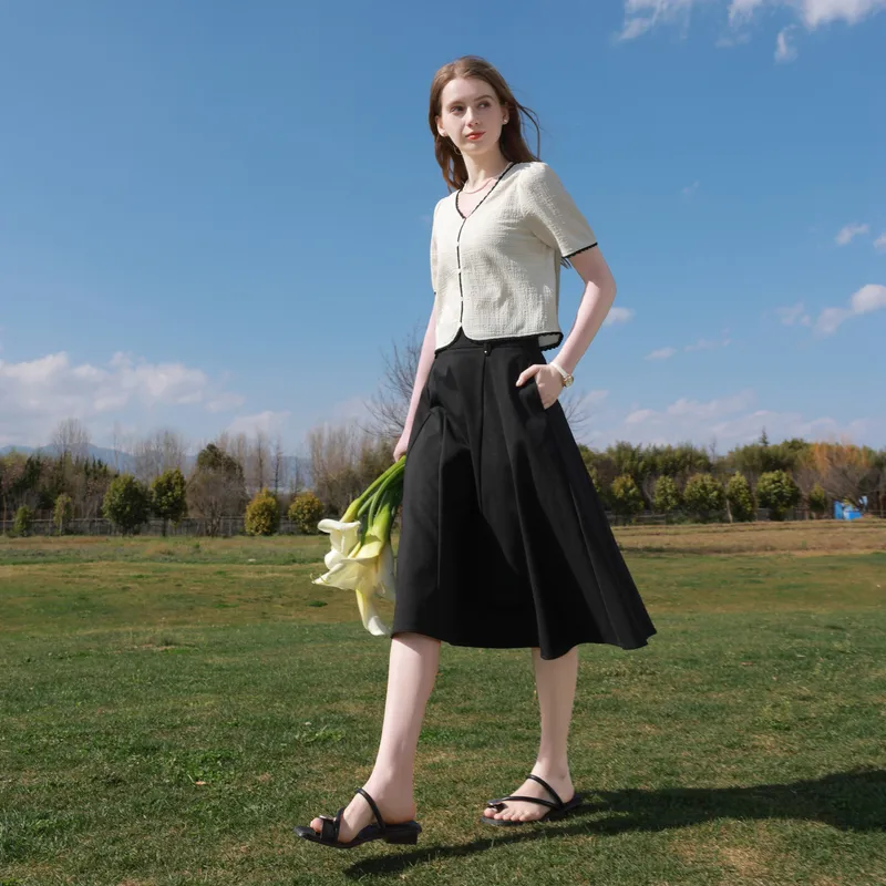3COLOUR Casual Long Skirt Women's Classic Black-4