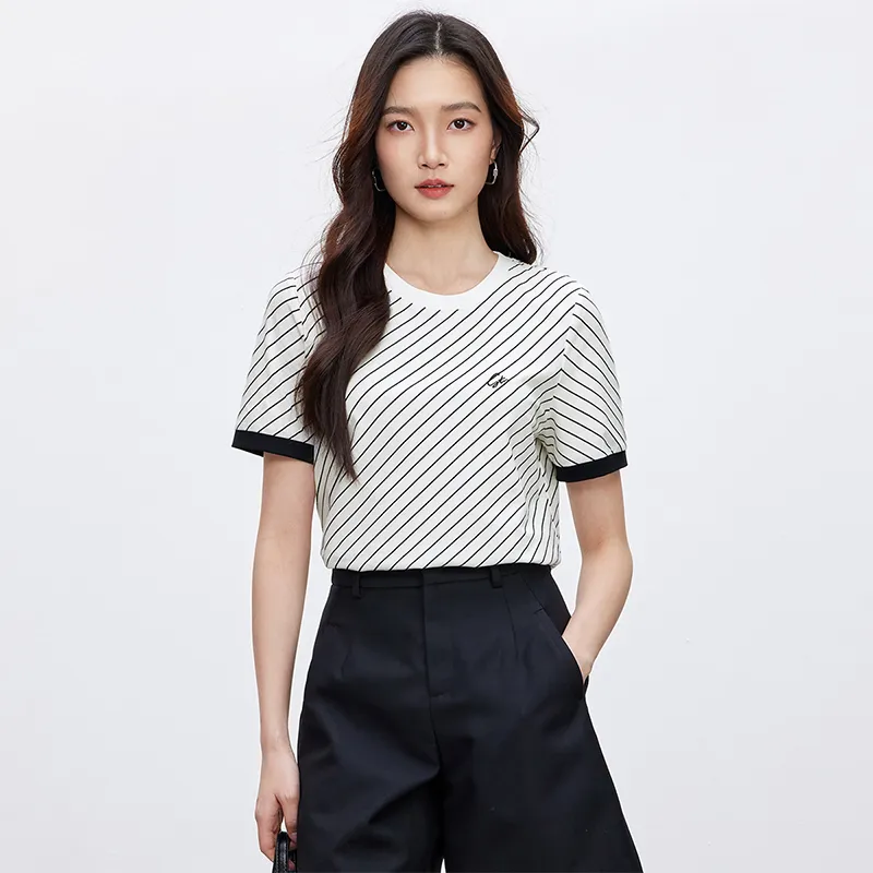 SENTUBILA T Shirts Women's White Base Black Stripes-3