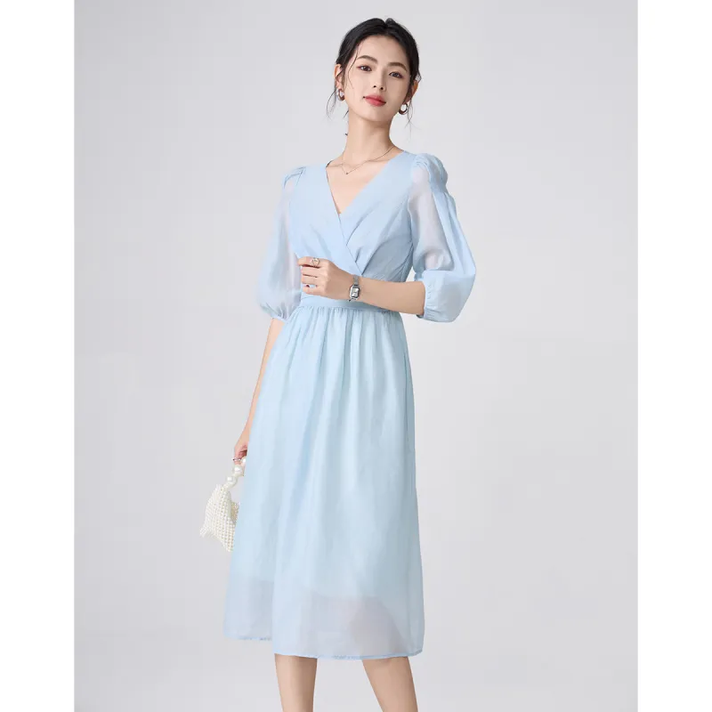Love Elaine Short Sleeved Dress Cinched Waist Women's Light Blue-1