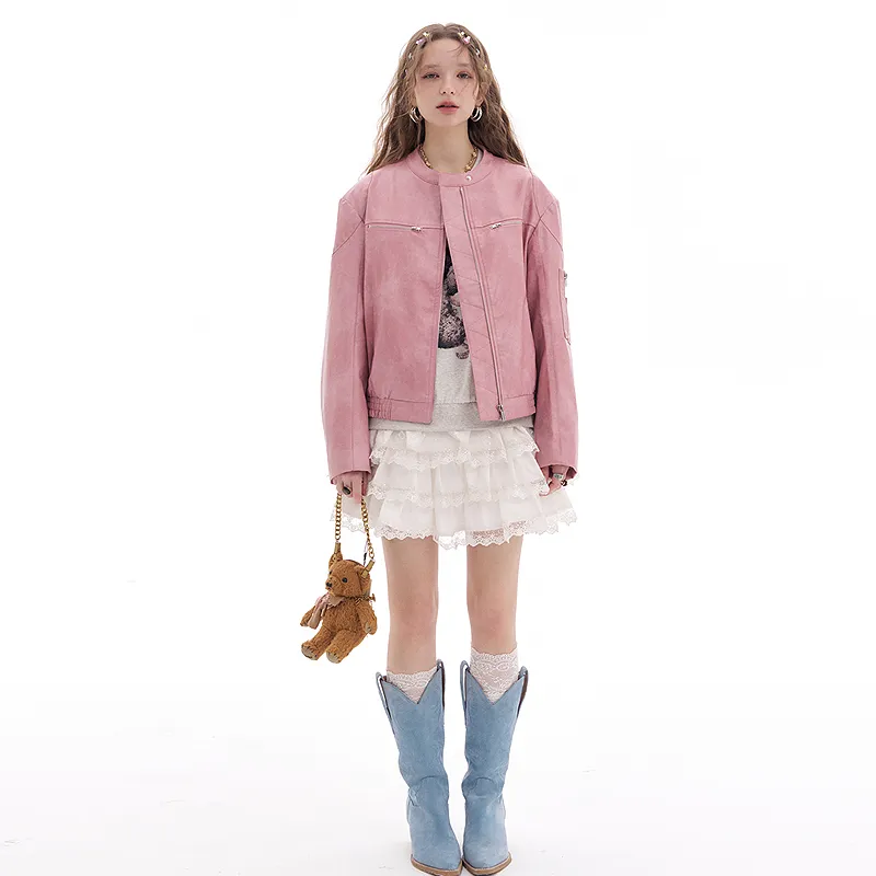 ELF SACK Leather Jacket Women's Urban Chic Style Pink-3