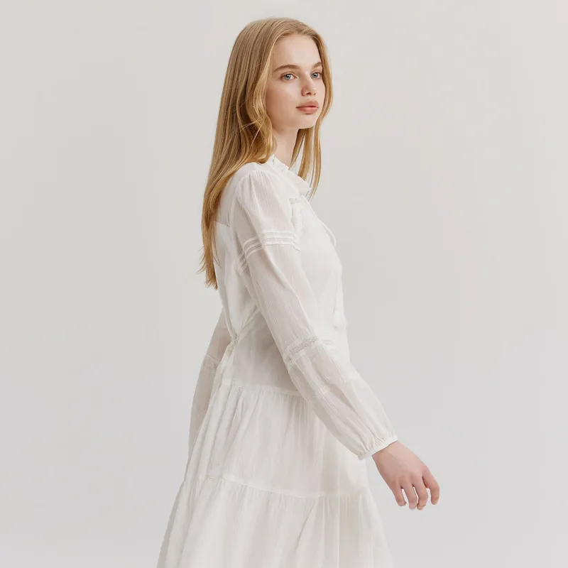 E.land Long Sleeved Dresses Women's Ivory White/White-2