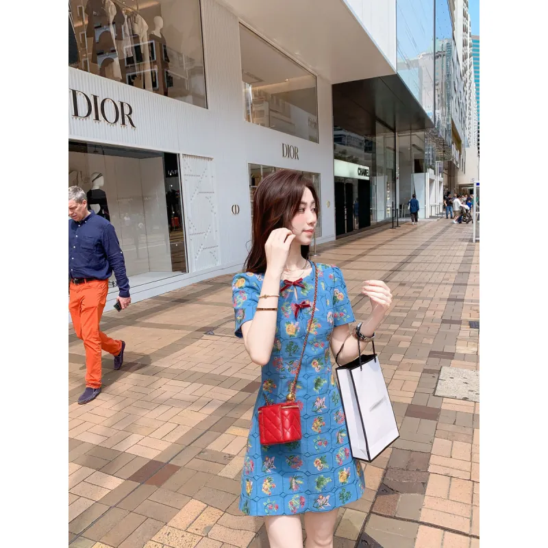 Fish Rabbits Short Sleeved Dress Women's Blue-1