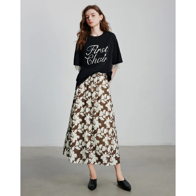 Initial Language Casual Long Skirts Women's White Coffee Flower-3