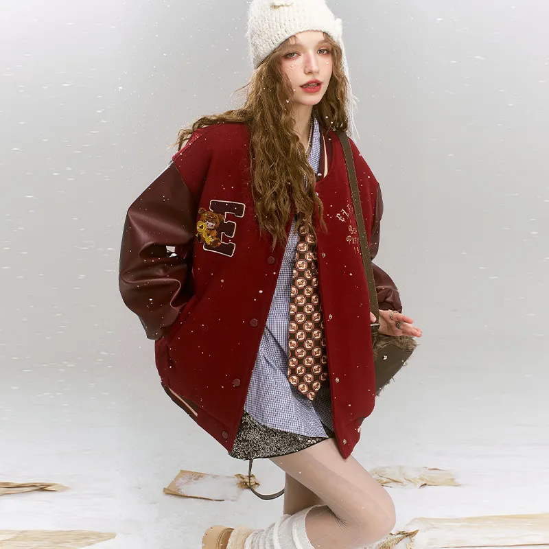 ELF SACK Baseball Jacket Women's Bear Burgundy-2