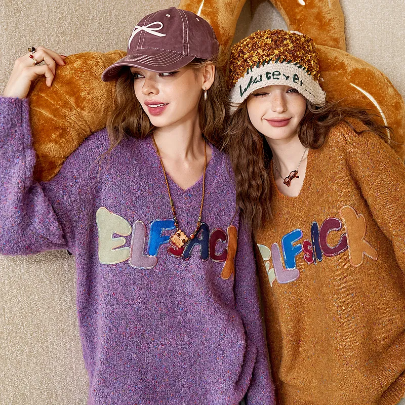 ELF SACK Multicolor Plush Letter Effortless Style Sweater Women's-5