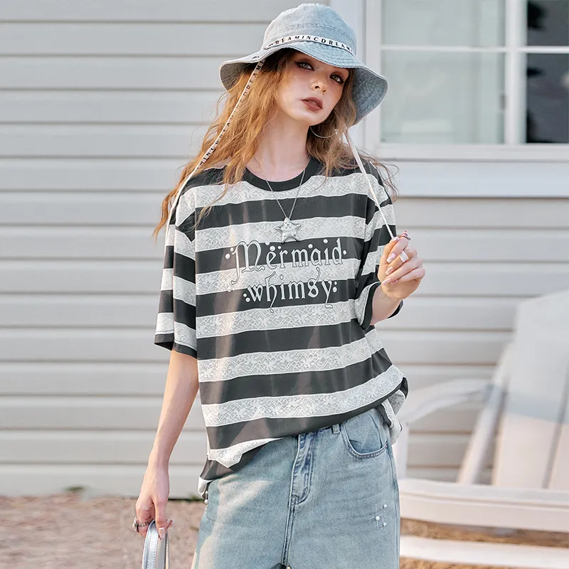 ELF SACK T Shirts Women's Gray Lace Stripes-2