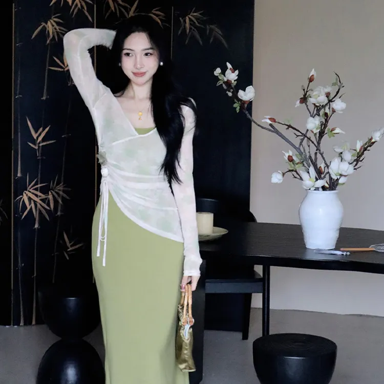 HeartyBite Skirt Set Women's Apricot External Shirt+Green Camisole Dress-3