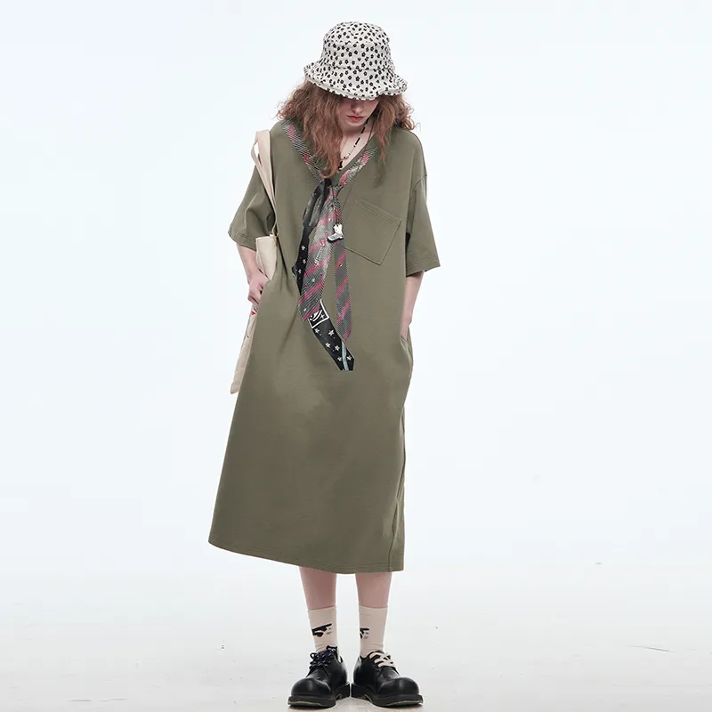 ELF SACK Short Sleeved Dress Women's Tie Gray Green-3